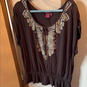 212 Collection Dark Brown Embroidered look Blouse XL